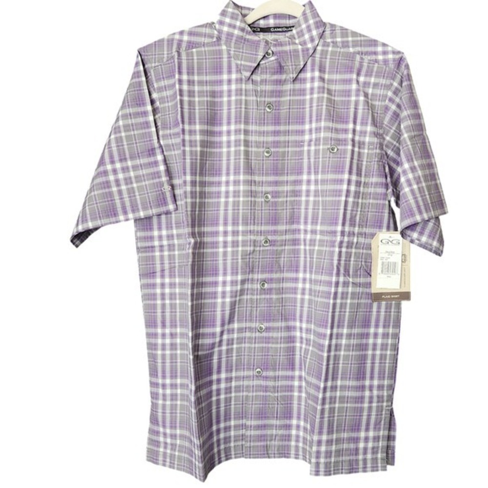 Game Guard Shirt Vented Men's M Purple Gray Short Sleeve Plaid Pocket NWT